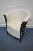 A MODERN CREAM LEATHERETTE TUB CHAIR, with patterned fabric to the rear, width 72cm x depth 56cm x