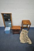 A PINE OVERMANTEL MIRROR, a small school desk with a hinged lid, a leather case, a blue painted