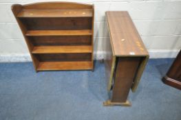 A TEAK EFFECT DROP LEAF TABLE, along with an open bookcase (condition report: all with general signs