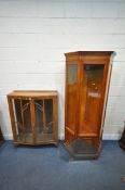 A 20TH CENTURY SERPENTINE DISPLAY CABINET, with double glazed doors, enclosing two glass shelves,