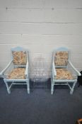 A PAIR OF LIGHT BLUE PAINTED CARVER CHAIRS, with foliate upholstery, along with a clear perspex