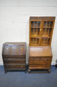 A 20TH CENTURY OAK BUREAU BOOKCASE, the double glazed door enclosing two shelves, atop a base with a