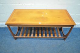 G PLAN, A MID CENTURY TEAL RECTANGULAR COFFEE TABLE, raised on shaped legs, united by a slatted