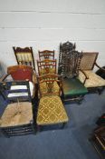 NINE ASSORTED CHAIRS, of various shapes, styles, sizes, colours, ages, timbers, etc (condition