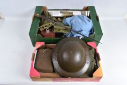 A BOX OF ASSORTED MILITARY ITEMS, INCLUDING WWII ERA STEEL HELMET, A 19TH CENTURY FRENCH BAYONET,