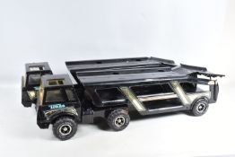 TWO UNBOXED PLAYWORN MIGHTY TONKA TOYS ARTICULATED CAR CARRIERS, later versions with full width