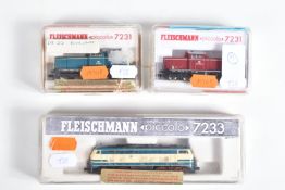 THREE BOXED FLEISCHMANN PICCOLO N GAUGE D.B. DIESEL LOCOMOTIVES, class 210 No.210 004-8 (7233), blue