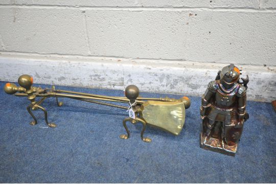 A BRASS COMPANION SET, with a pair of fire dogs, along with a knight companion set (2) - Image 1 of 3