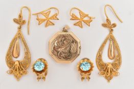 FOUR ITEMS OF JEWELLERY, to include a pair of filigree Maltese cross earrings, stamp believed to