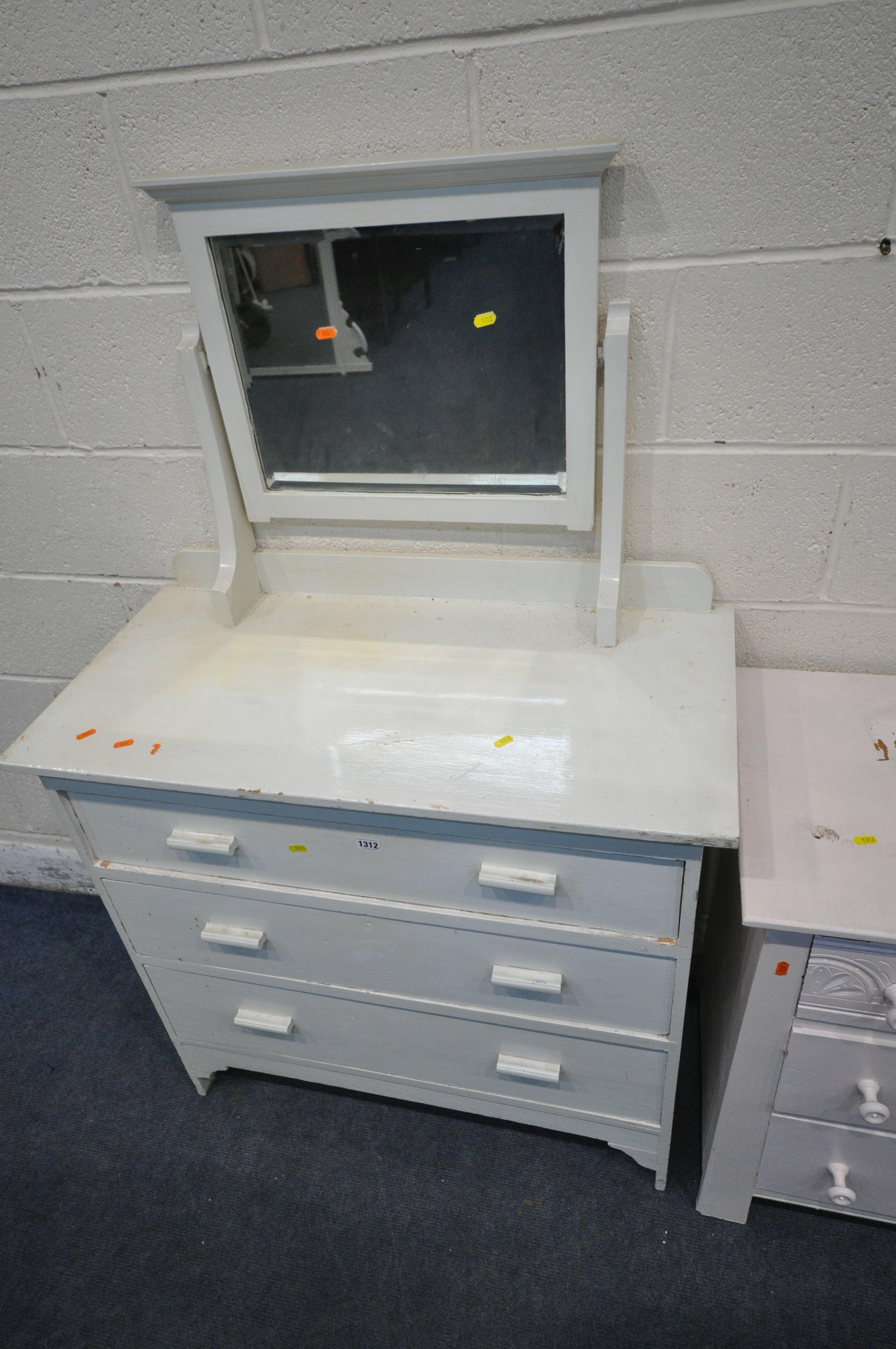 A WHITE PAINTED DRESSING CHEST, with a bevelled edge swing mirror, above three drawers, width 91cm x - Image 2 of 6