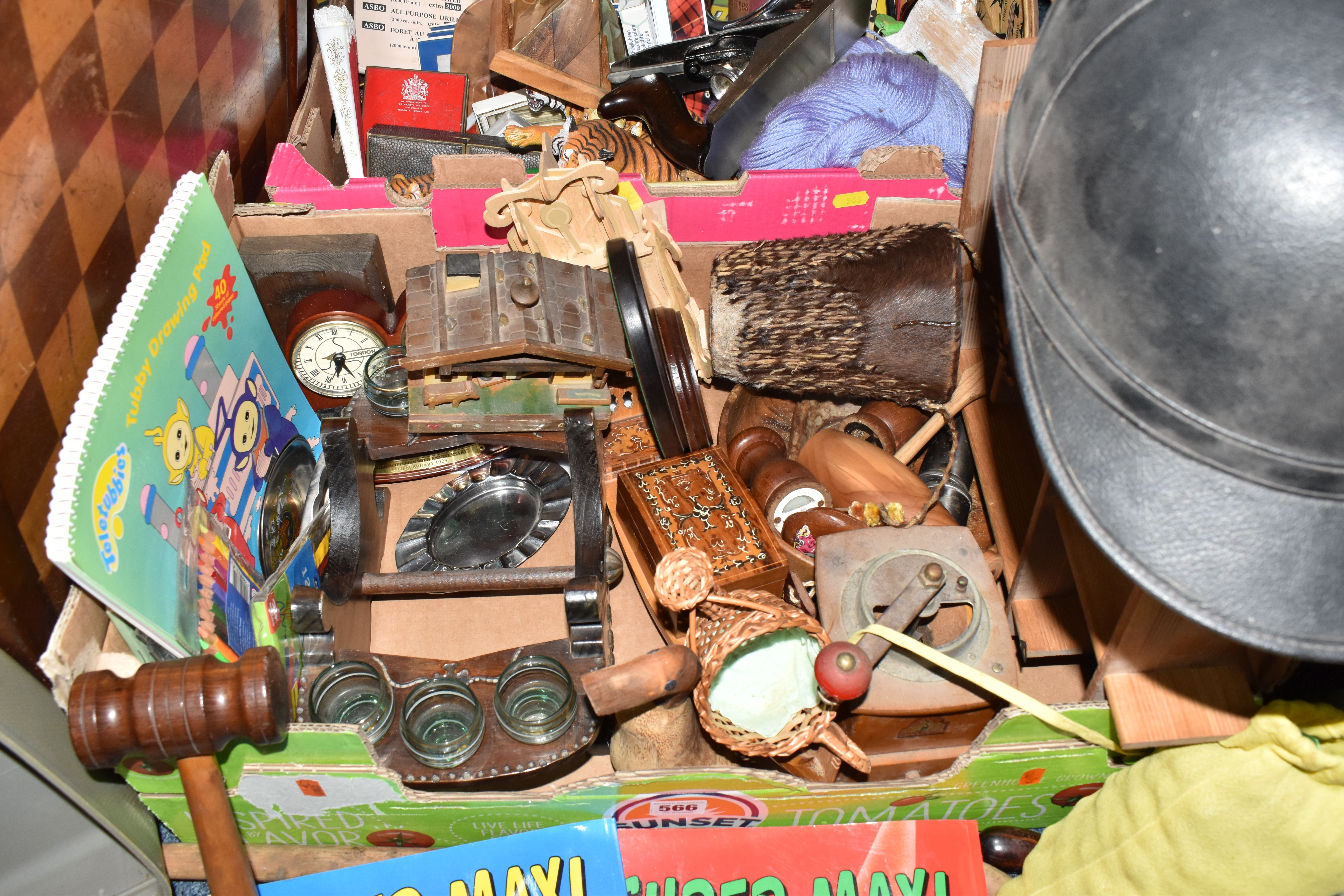 TWO BOXES AND LOOSE SUNDRY ITEMS, to include an Aviakit vintage motorcycling helmet, a bag of - Image 6 of 24