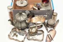 A BOX OF MAINLY PLATED WARE, to include a teapot, gravy jug, small trays, thimbles, sugar tongs etc