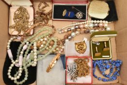 A BOX OF ASSORTED COSTUME JEWELLERY, to include a selection of beaded necklaces, chain necklaces,