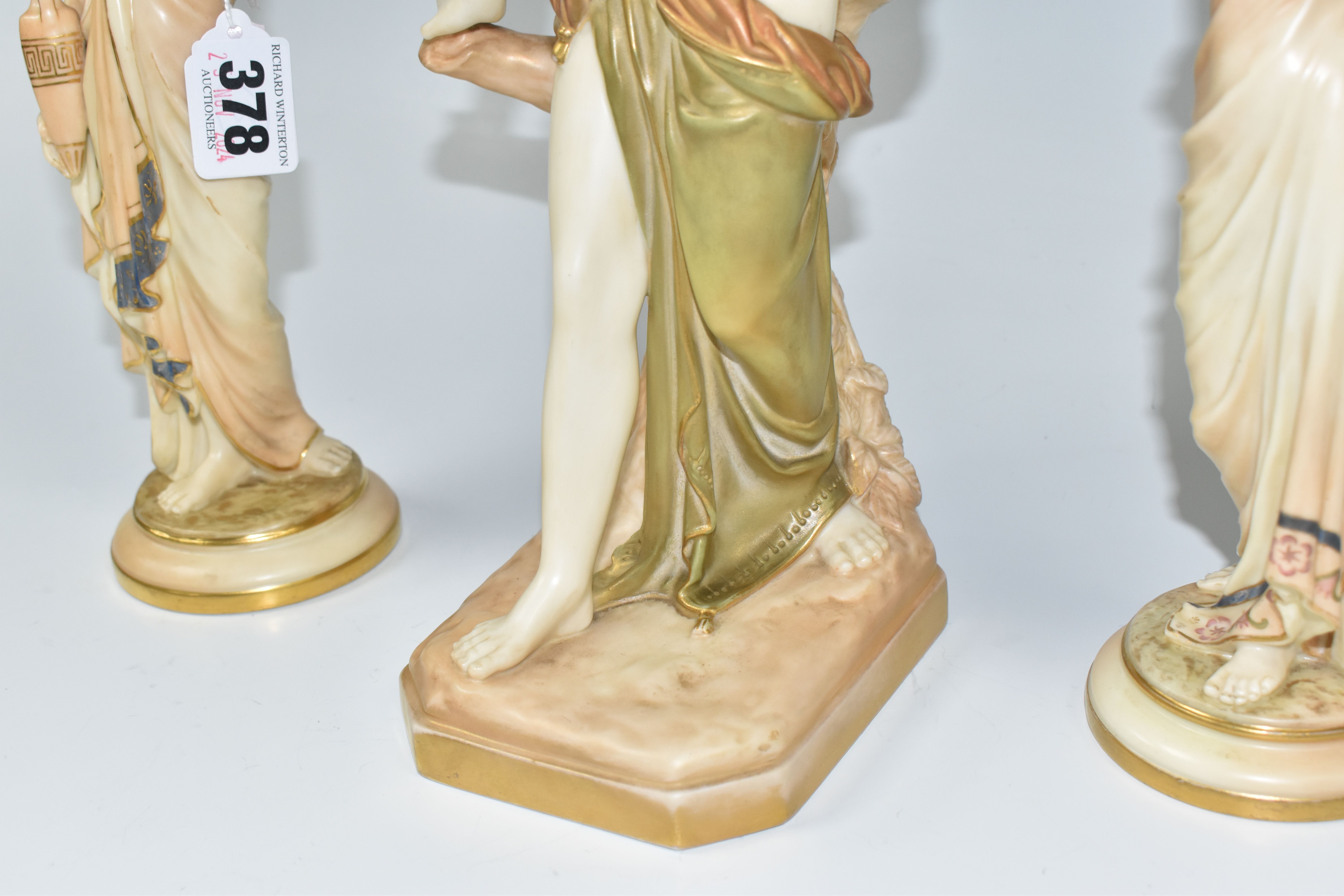 THREE ROYAL WORCESTER FIGURES, comprising of The Bather Surprised, partially clothed female - Image 6 of 12