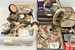 A LARGE BOX OF ASSORTED COSTUME JEWELLERY, to include a 'Swarovski' necklace, assorted necklaces,