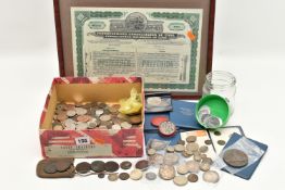 A SMALL CARDBOARD TRAY CONTAINING MIXED COINS ETC, to include 2x good grade Double Florins 188, 2x