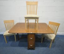 A 20TH CENTURY OAK DROP LEAF TABLE, with two drawers, raised on castors, open width 149cm x depth