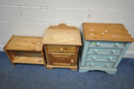 A PARTIALLY PAINTED PINE CHEST OF FOUR DRAWERS, width 55cm x depth 36cm x height 67cm, a bedside