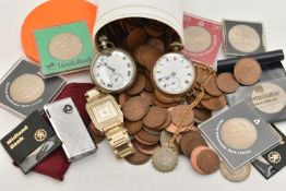 A BOX OF ASSORTED ITEMS, to include two hand wound movement, open face pocket watches, a 'Win'