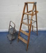 A SET OF WOODEN FOLDING STEP LADDERS, height 5ft, along with a small set of metal ladders (condition