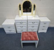 A PAIR OF WHITE THREE DRAWER BEDSIDE CHESTS, width 46cm x depth 45cm x height 76cm, a smaller