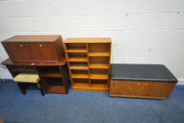 A MAHOGANY DESK, with a single drawer, a stool, a single section to a teak wall cabinet, a storage