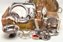 A BOX OF ASSORTED WHITE METAL, to include a three piece tea set, a three branch candelabra, a pair