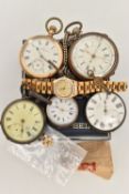 A BOX OF ASSORTED WATCHES, to include three white metal open face pocket watches, two stamped 0.935,
