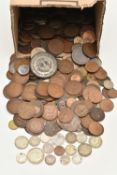 A SMALL CARDBOARD BOX OF MIXED WORLD COINS, with some Silver