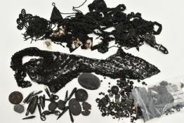 A LARGE ASSORTMENT OF JET, FRENCH JET, GLASS AND PLASTIC, to include three late Victorian jet