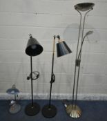 A PAIR OF MODERN BLACK AND LIGHT WOOD ANGLED FLOOR LAMPS, along with a industrial style desk lamp