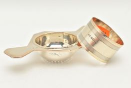 TWO SILVER ITEMS, the first a silver strainer, hallmarked 'Barker Brothers Silver Ltd' Birmingham