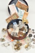 A ROUND TIN CONTAINING MIXED COINS AND COMMEMORATIVES, to include Silver content coins a France 2