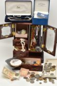 A JEWELLEY BOX AND ASSORTED ITEMS, a wooden multi storage jewellery box with imitation pearl