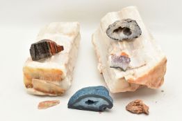 A SELECTION OF GEMSTONE CRYSTALS, to include two large selenite crystals, a small amethyst geode,