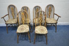 A HARLEQUIN SET OF SIX CHAIRS, the four with elm seats, the two carvers with mahogany seats (