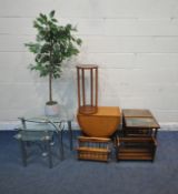 A TRIANGULAR GLASS NEST OF THREE TABLES, a small drop leaf table, two tile top magazine tables,
