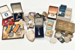 A BOX OF ASSORTED ITEMS, to include a small selection of costume jewellery, a 'Stratnoid' compact