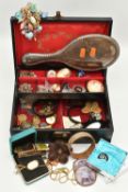 A JEWELLERY BOX WITH COSTUME JEWELLERY AND A SILVER HAND HELD MIRROR, black jewellery box with