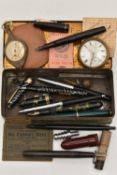 A TIN OF PENS AND ITEMS, to include various fountain pens names to include 'Platignum, Kingswood,
