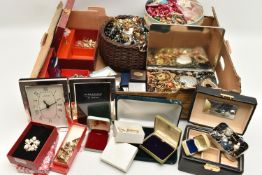A BOX OF ASSORTED ITEMS, to include a gold plated, cultured fresh water pearl bracelet, stamped 925,
