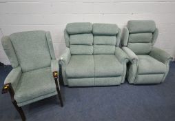 A MIDDLETON GREEN UPHOLSTERED LOUNGE SUITE, comprising an electric rise and recline armchair, a