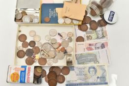 A CARDBOARD BOX CONTAINING A SMALL AMOUNT OF MIXED COINAGE AND A FEW BANK NOTES etc