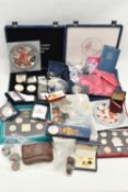 A CARDBOARD BOX OF MIXED COINS AND COMMEMORATIVES, to include 2x BRUNEL 2006 YEAR SETS, a delux 2002