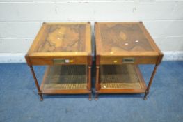 BAKER FURNITURE, A PAIR OF WALNUT LAMP TABLES, the single drawers with brass campaign handles,