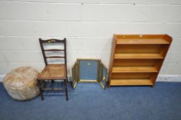 A SLIM FOUR TIER OPEN BOOKCASE, a triple dressing mirror, a chair, and a stool (condition report: