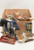 A BOX OF ASSORTED WHITE METAL WARE, to include a silver plate punch bowl, an EPNS basket tray,