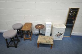 A PAIR OF OAK CIRCULAR BAR STOOLS, a small drop leaf table, a wine table, another stool, a white