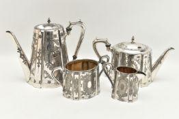 A WHITE METAL FOUR PIECE TEA SET, comprising of a teapot, coffee pot, sugar bowl and milk jug,