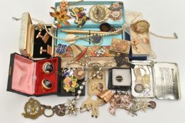 A BOX OF ASSORTED ITEMS, to include a silver Celtic cross, hallmarked Birmingham, approximate